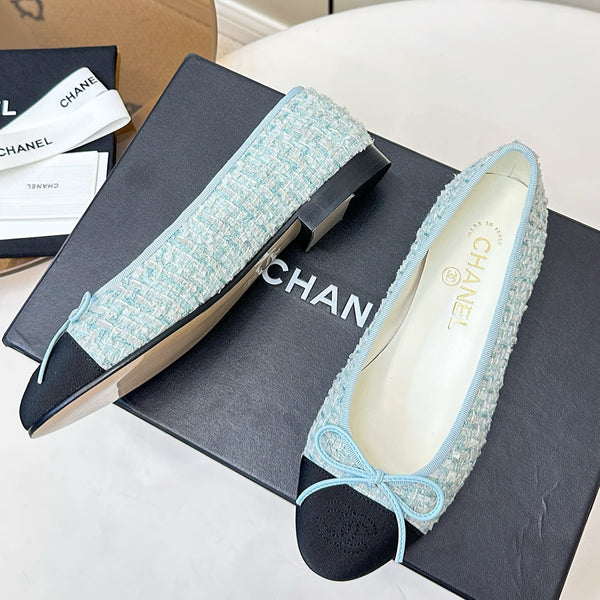 Chanel 25 Ballet Flat Blue Black Tweed Frabic 469256
