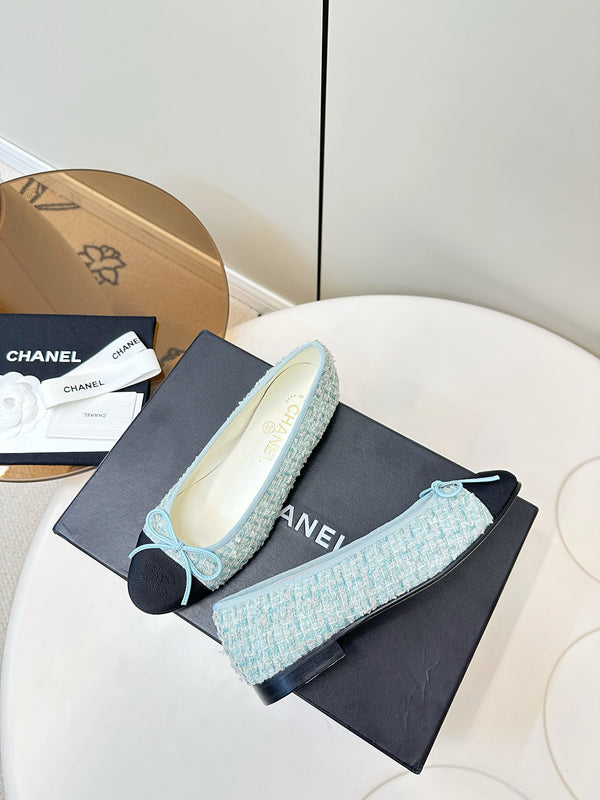 Chanel 25 Ballet Flat Blue Black Tweed Frabic 469256