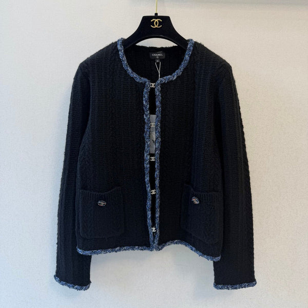 CC 2026 Tweed Trim Open Front Cardigan Jacket Cotton Cashmere Blend 438198