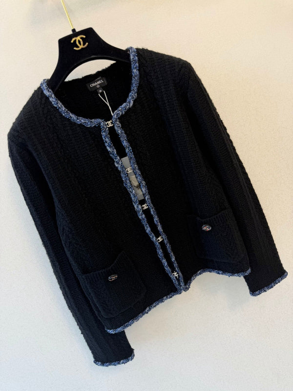 CC 2026 Tweed Trim Open Front Cardigan Jacket Cotton Cashmere Blend 438198