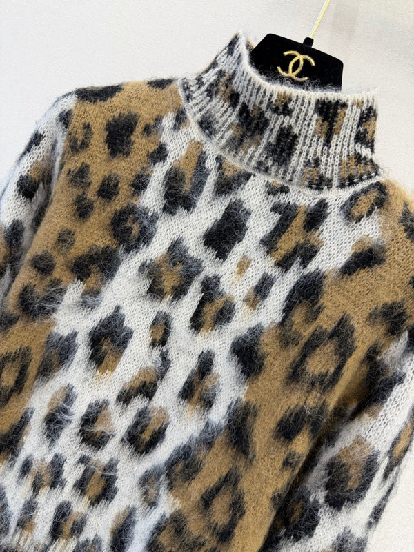 CE 26s Leopard Knit Sweater Mock Neck Wool 441797