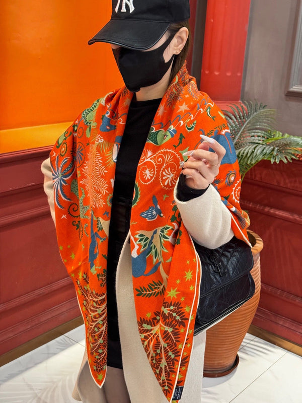 HM 25s Scarf 140cm Orange Colorful Cashmere Silk 962470