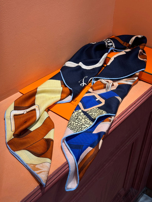 HM 25s Horse Reversible Scarf 140cm Blue Brown Cashmere Silk 967377