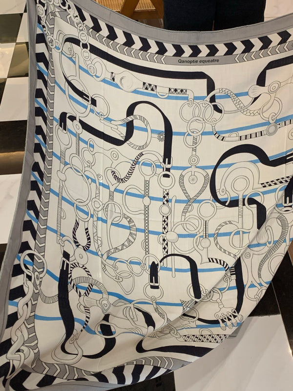 HM 25s Horse Reversible Scarf 140cm White Gray Black Cashmere Silk 967388