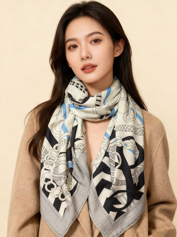 HM 25s Horse Reversible Scarf 140cm White Gray Black Cashmere Silk 967388