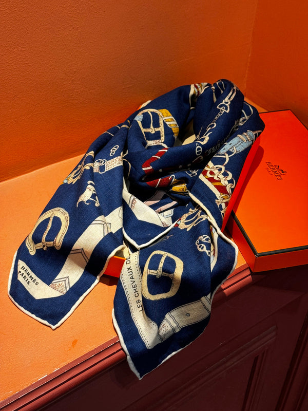 HM 25s Horse Reversible Scarf 140cm Blue Cashmere Silk 967390