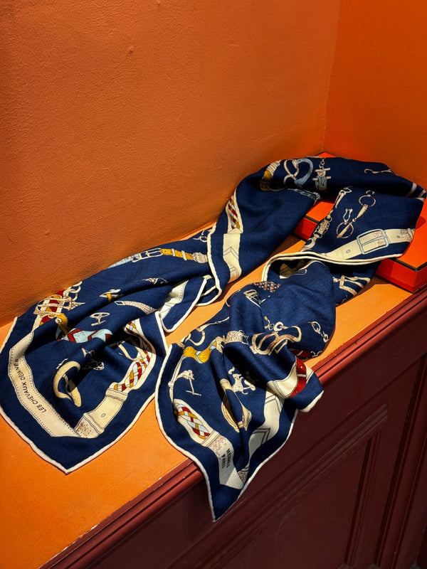 HM 25s Horse Reversible Scarf 140cm Blue Cashmere Silk 967390