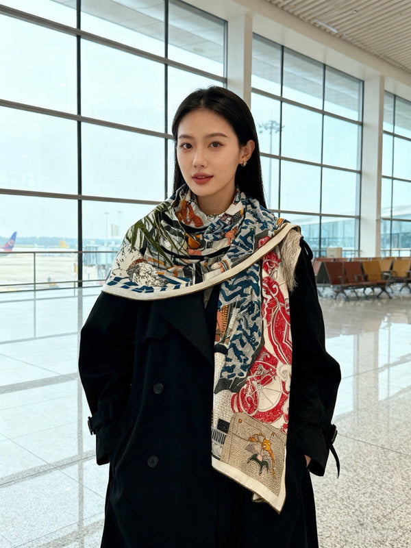 HM 25s Essential Scarf 140cm Green Colorful Cashmere Silk 967425