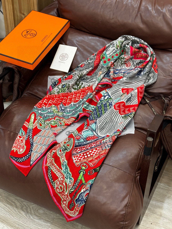 HM 25s Essential Scarf 140cm Red Colorful Cashmere Silk 968742