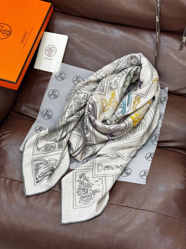 HM 25s Velvet Square Scarf 140cm Blue White Black Cashmere Silk 970939