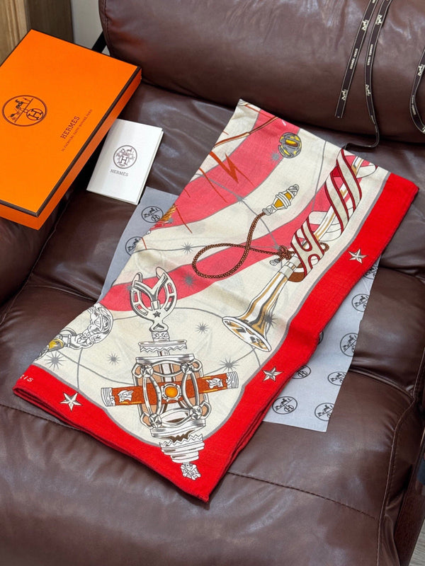 HM Starry Night Chorus Scarf 140cm Red Beige Cashmere 970971