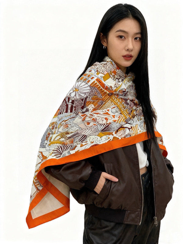 HM 25s Le Carré du Roi 140cm Orange Multicolore Cachemire 973041