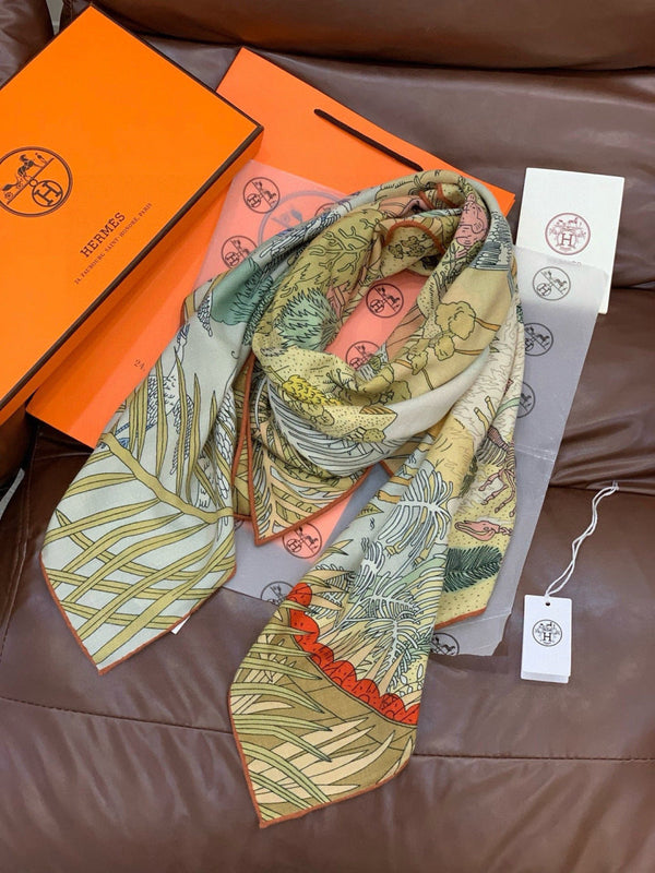 HM 25s Le foulard du roi 140cm vert rose cachemire 973043