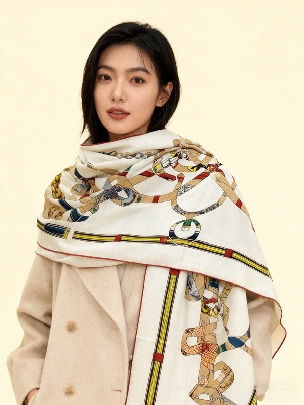 HM 25s Écharpe Golden Spurs 140cm Blanc Beige Cachemire 976282