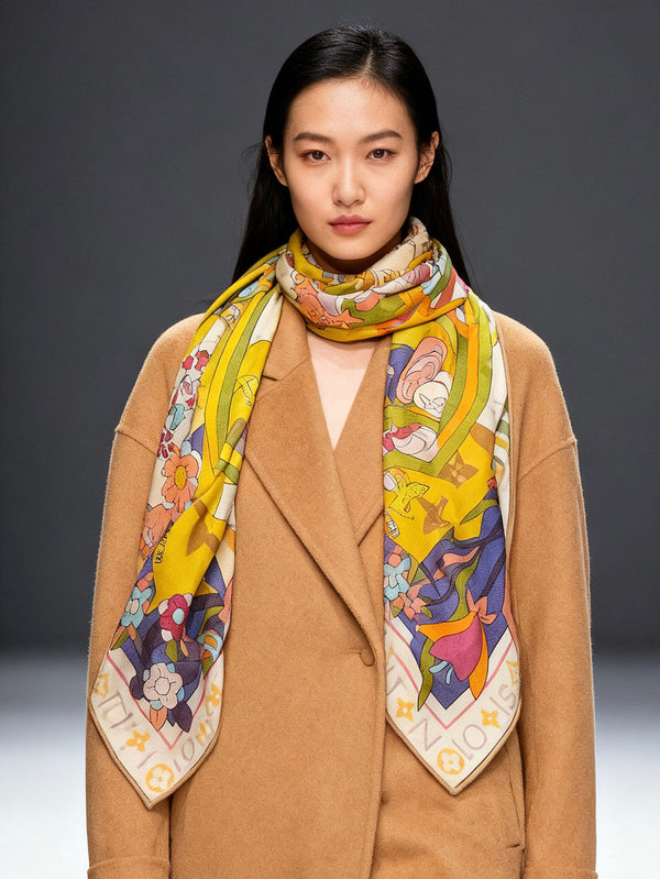 LV Double-sided Scarf 135cm Yellow Cashmere Silk 143727