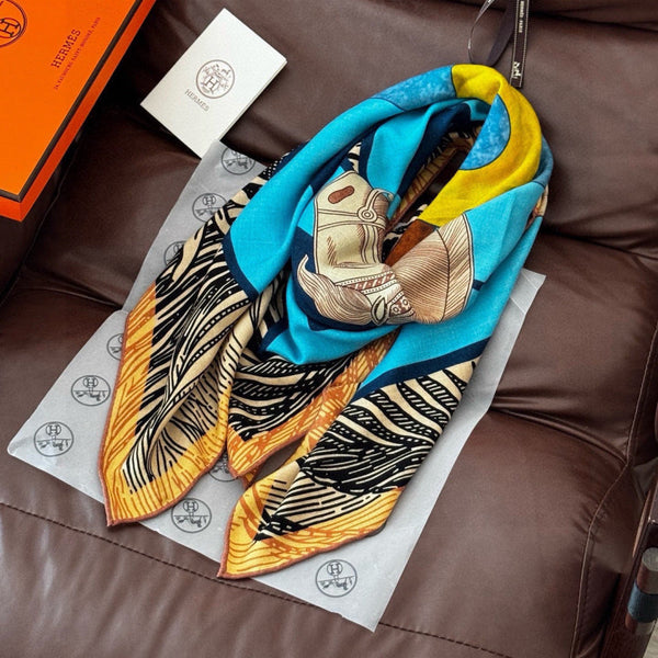HM 26s Double-sided Scarf 140cm Blue Yellow Silk Cashmere 153140