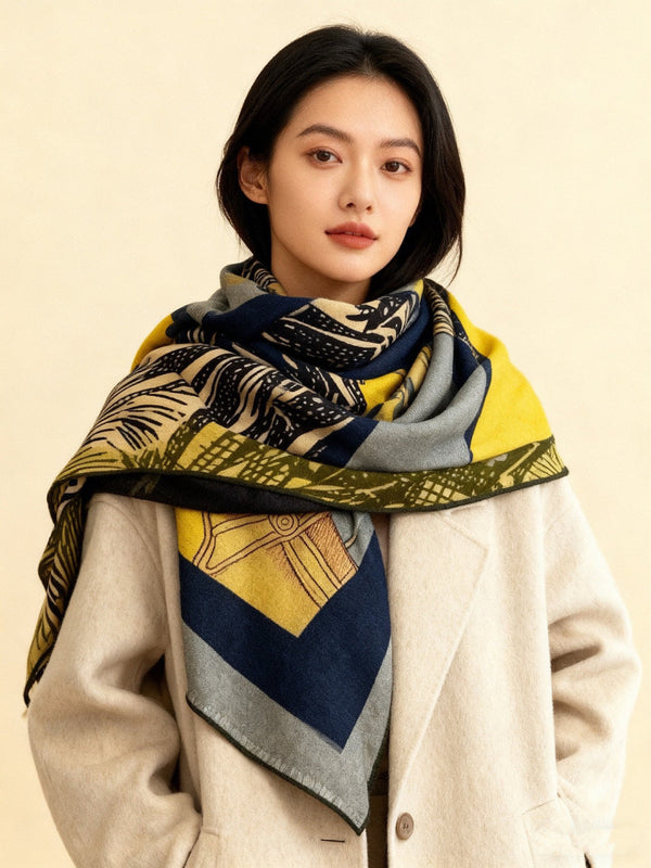 HM 26s Double-sided Scarf 140cm Blue Jean Jaune Silk Cashmere 153141