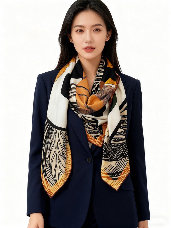 HM 26s Foulard double face 140cm Soie cachemire blanc marron 153142
