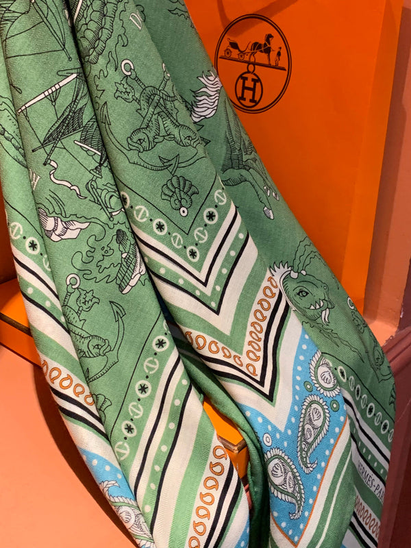 HM Foulard double face 26s 140cm Soie Cachemire Vert 153145