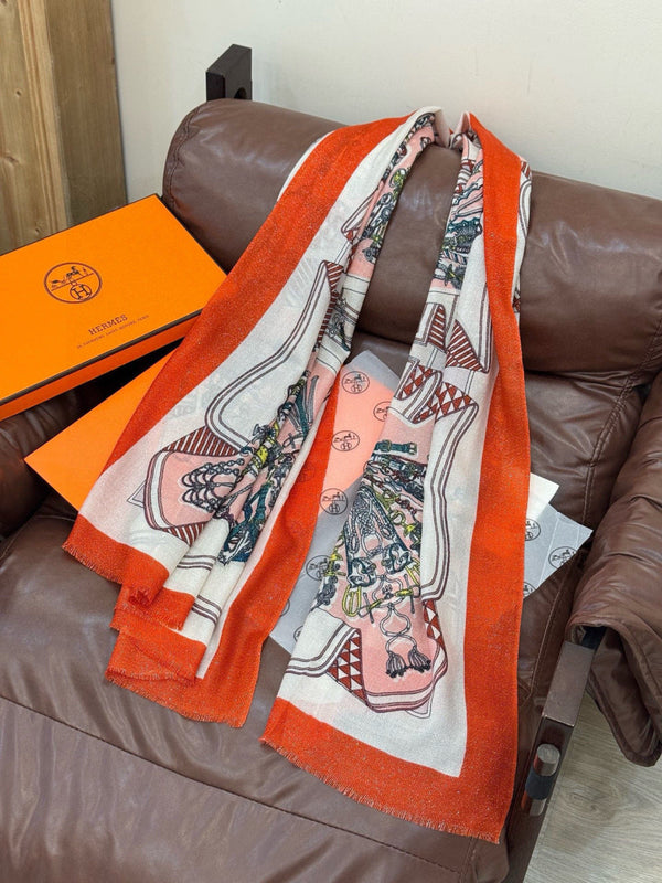 HM 26s Double-sided Scarf 200*100 Orange Cuit Ivory Cashmere 153175