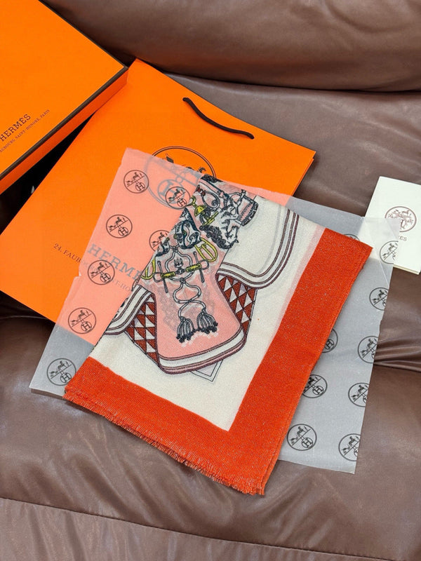 HM 26s Double-sided Scarf 200*100 Orange Cuit Ivory Cashmere 153175