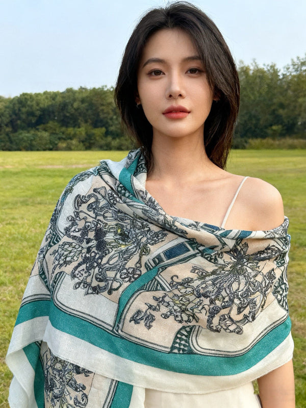 HM 26s Double-sided Scarf 200*100 Vert Marine Ivoire Cashmere 153176