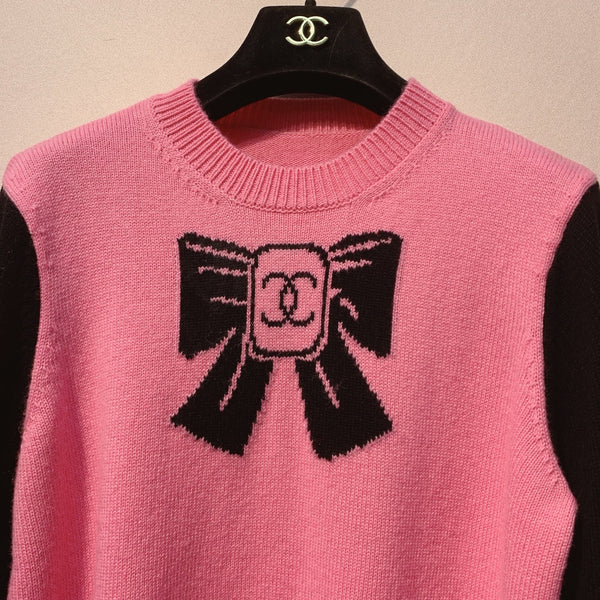 Chanel Pull Nœud Rose Noir Laine 317420