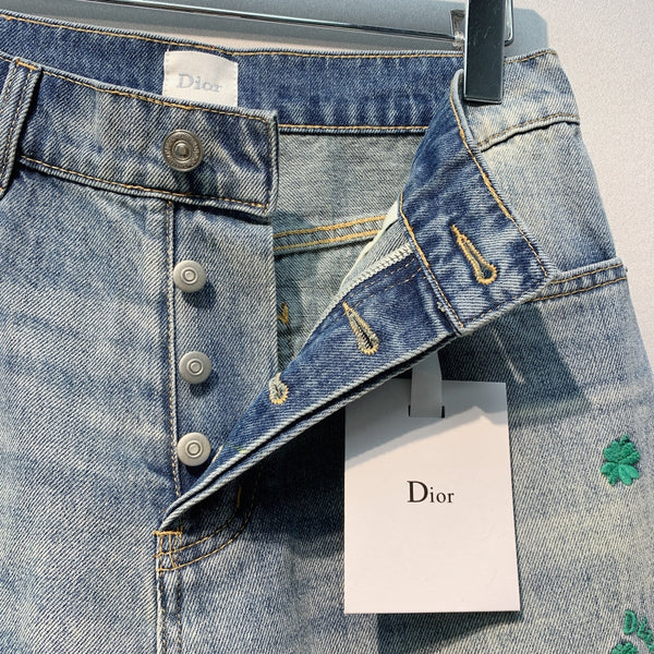 CD Jeans brodé trèfle à quatre feuilles Coton délavé bleu 350918