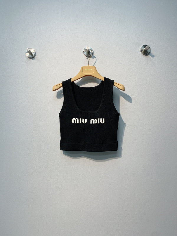 Miu SS26 Cropped Logo-knit Tank Top Black Viscose Polyester 350947