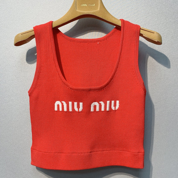 Miu SS26 Cropped Logo-knit Tank Top Orange Viscose Polyester 350948