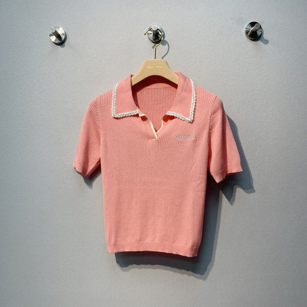 Haut en maille Miu SS26, col, dentelle, perles, logo, corail clair, coton, soie 350904