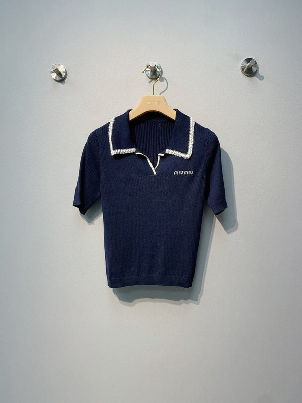 Miu SS26 Knitted Collared Lace Beaded Logo Top Dark Blue Cotton Silk 350905