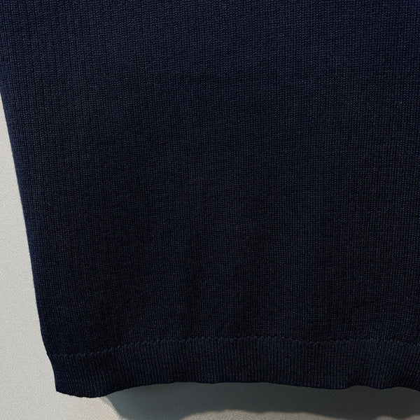 Miu SS26 Knitted Collared Lace Beaded Logo Top Dark Blue Cotton Silk 350905