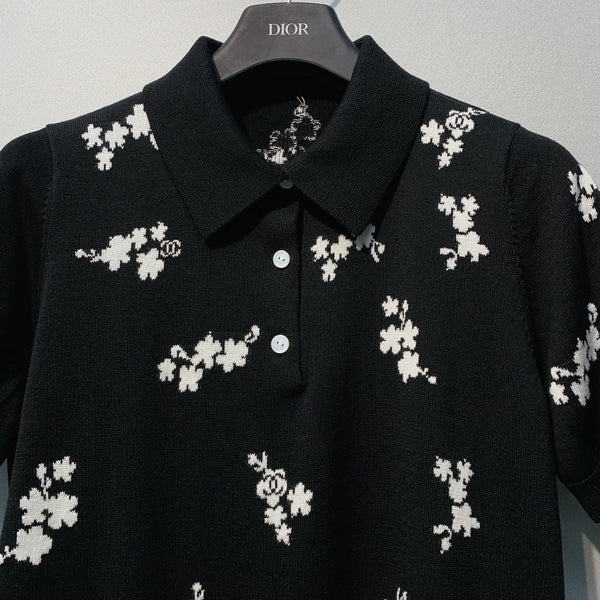 CC SS26 Haut en maille jacquard floral Laine noire 350907