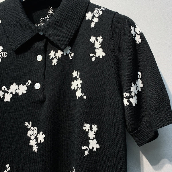 CC SS26 Haut en maille jacquard floral Laine noire 350907