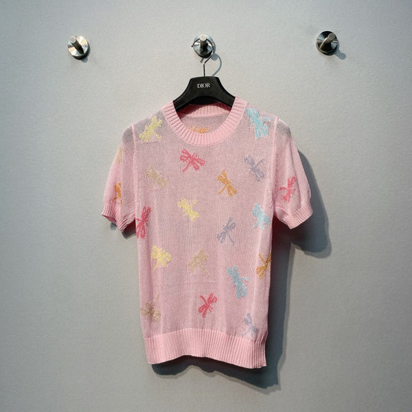 CD SS26 Dragonfly Embroidered Knit Top Light Pink Cotton 350911
