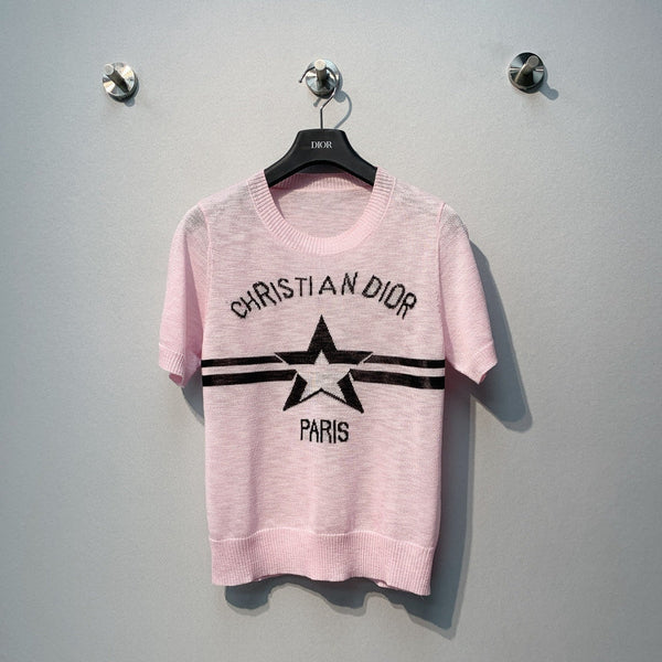 Pull à manches courtes CD SS26 Signature et Star en laine rose clair 350916
