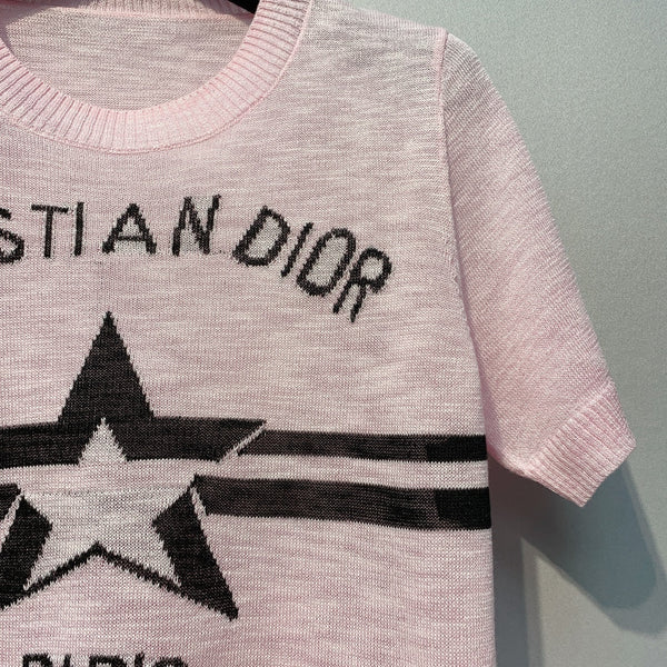 Pull à manches courtes CD SS26 Signature et Star en laine rose clair 350916