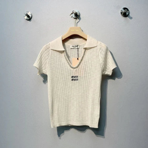 Miu 2026 Knit Polo Shirt Cream Wool 370201