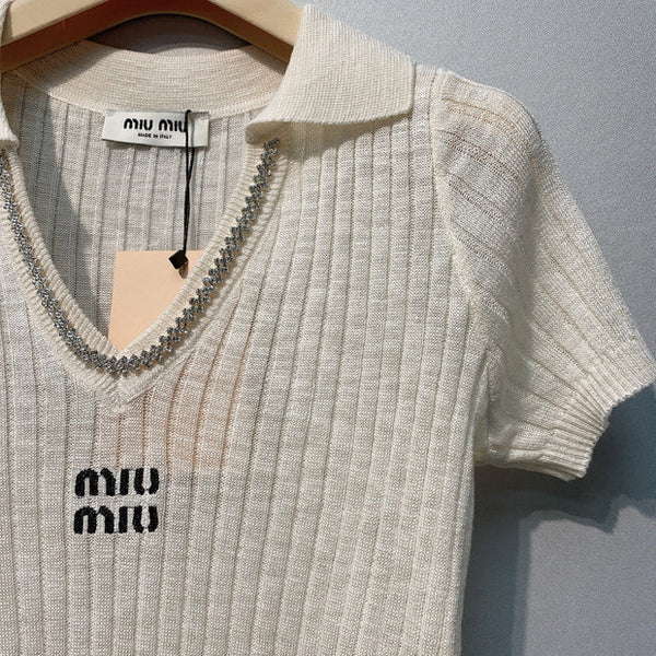 Miu 2026 Knit Polo Shirt Cream Wool 370201