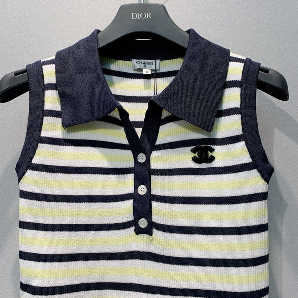 CC 26s Striped Polo Collar Vest Cream Black Knit 395914