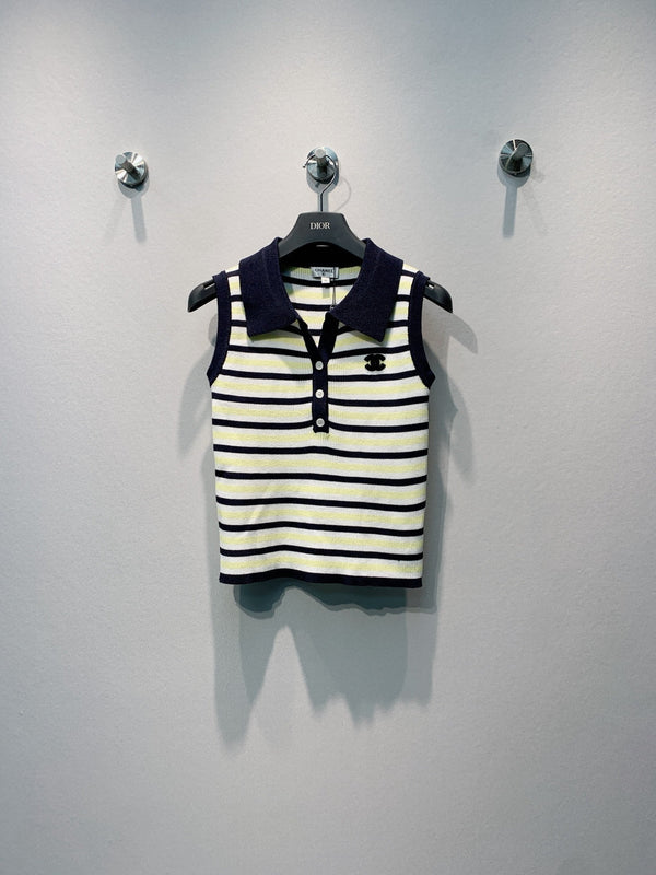 CC 26s Striped Polo Collar Vest Cream Black Knit 395914