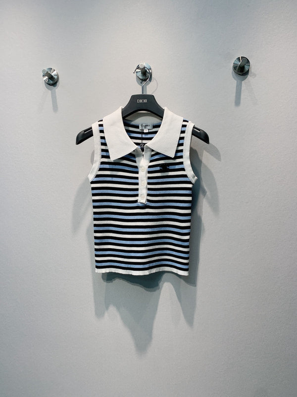 CC 26s Striped Polo Collar Vest White Black Knit 395915