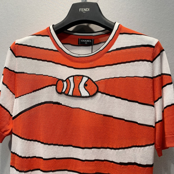 CC Clownfish Knit T-Shirt Orange White Tencel Nylon 395946