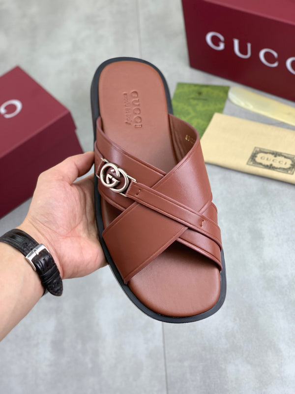 GG Men's 25 Sandals Slide Brown Cowhide 738473