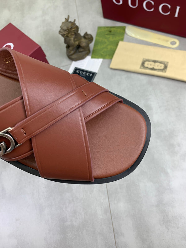 GG Men's 25 Sandals Slide Brown Cowhide 738473