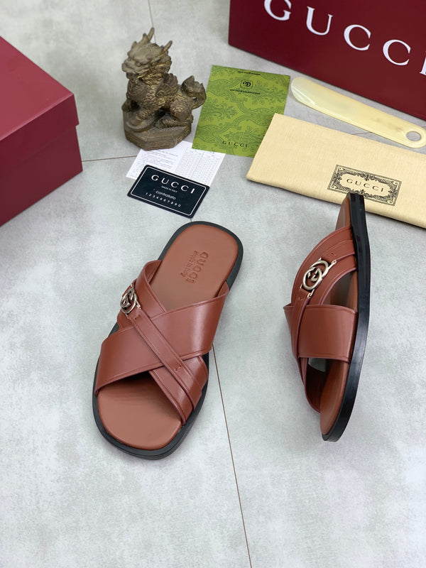 GG Men's 25 Sandals Slide Brown Cowhide 738473
