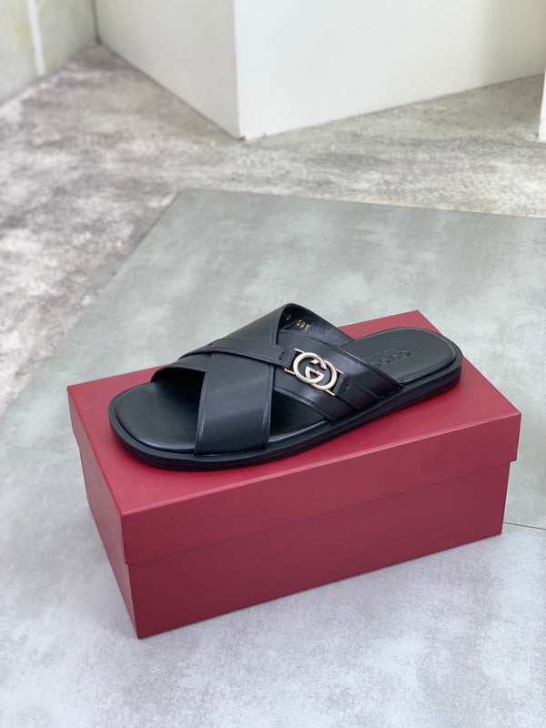 GG Men's 25 Sandals Slide Black Cowhide 738474