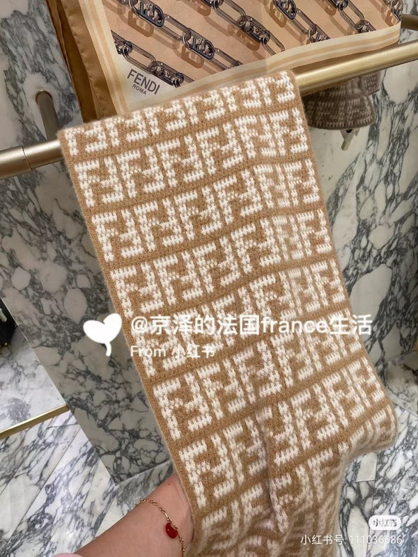 FF Jacquard 180CM Scarf Light Brown White Wool 104534