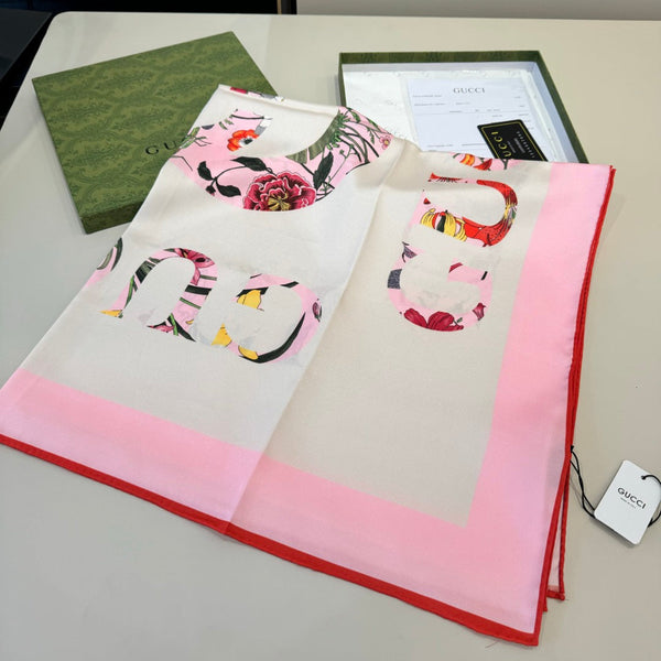 GG Signature Floral Scarf 90CM White Pink Twill Silk 280696